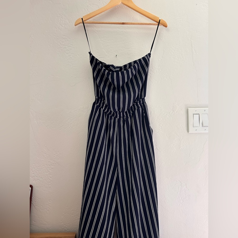 Lulu’s Saltwater and Sun Navy Blue Striped Strapless Midi Jumpsuit